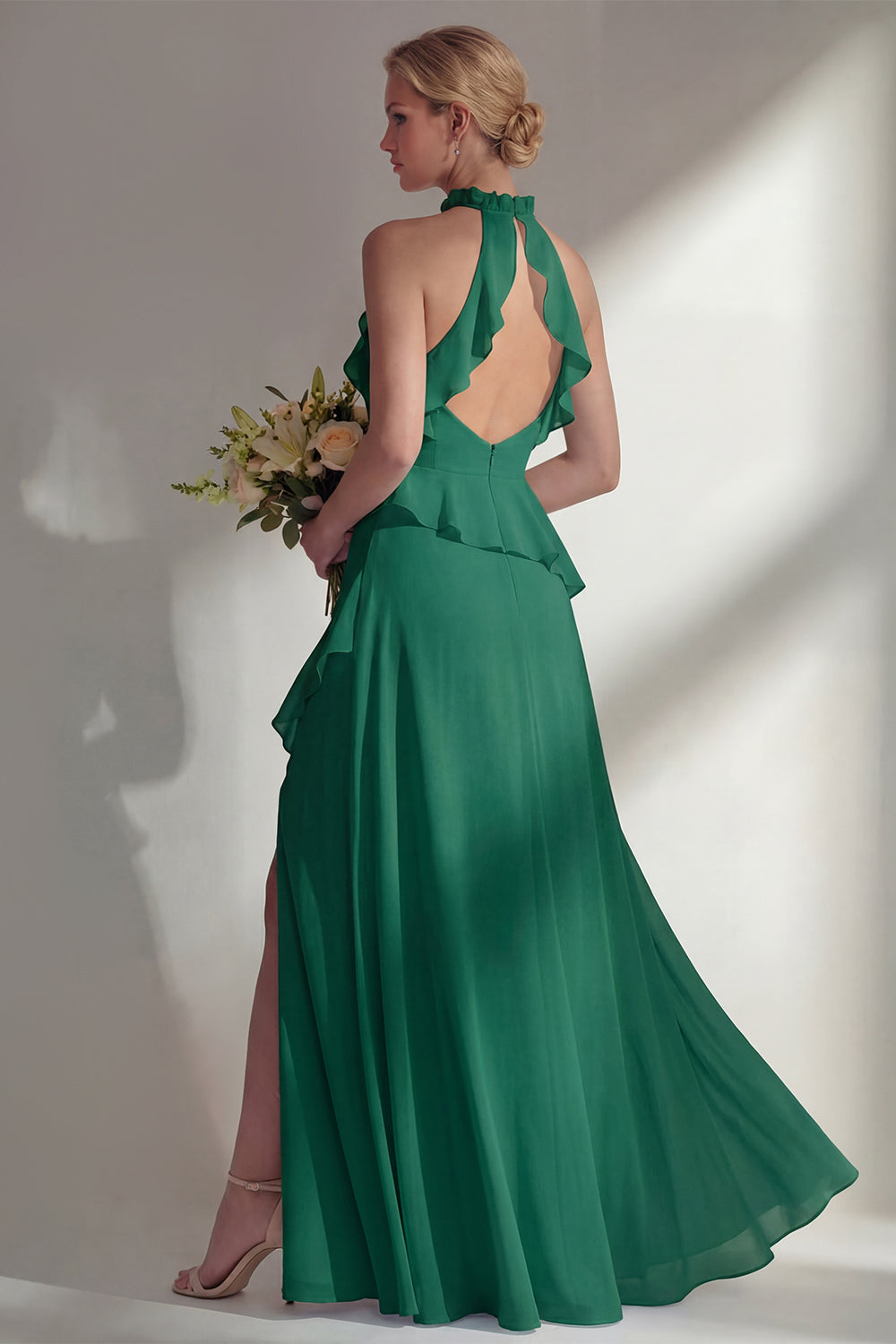 Butter Yellow Ruffled Halter Neck A Line Long Bridesmaid Dress with Slit