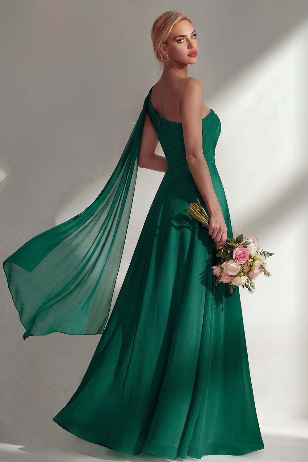 Burgundy One Shoulder Backless Ruched Long Bridesmaid Dress with Slit