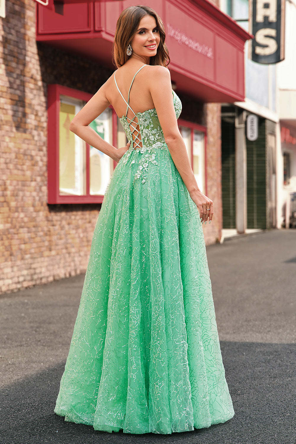 Light Green A Line Corset Sequined Floral Prom Dress with Slit