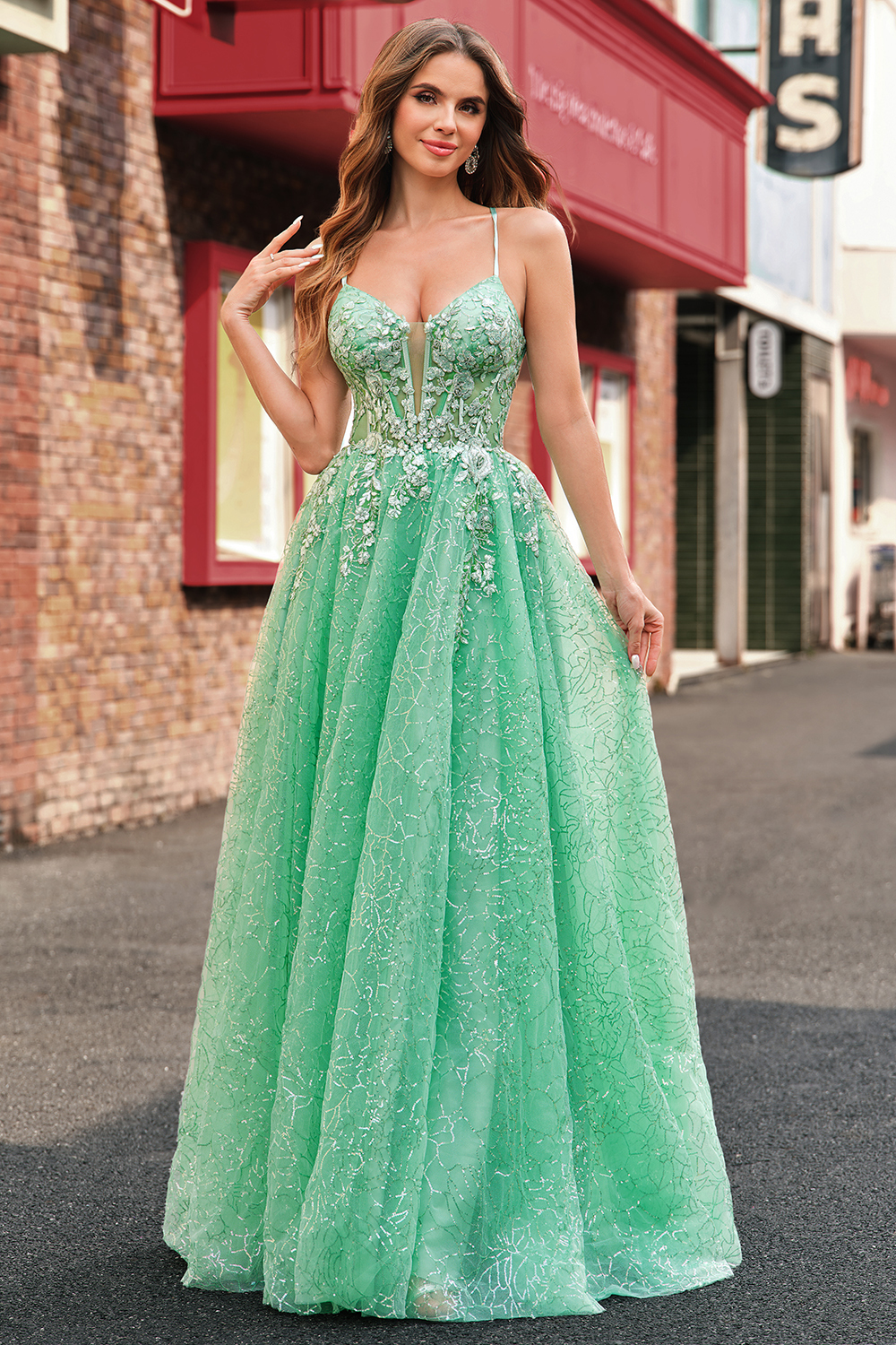 Sparkly Light Green A Line Spaghetti Straps Corset Sequined Prom Dress with Slit