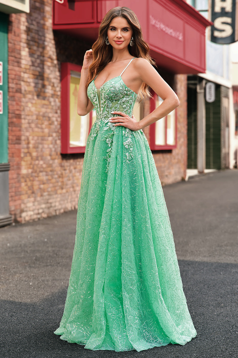 Leely Women Sparkly Light Green Prom Dress With Slit Appliqued