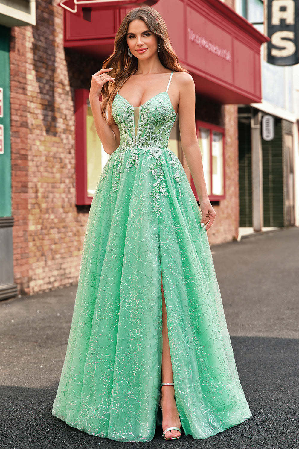 Leely Women Sparkly Light Green Prom Dress With Slit Appliqued Sequin A Line Corset Tulle Long Evening Dress With Lace Up Back