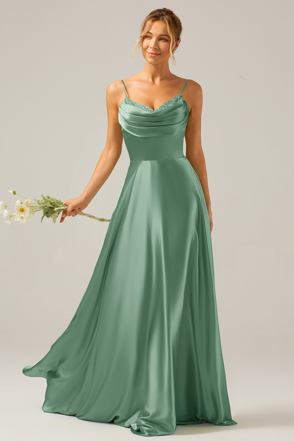 A Line Green Cowl Neck Bridesmaid Dress with Sequins
