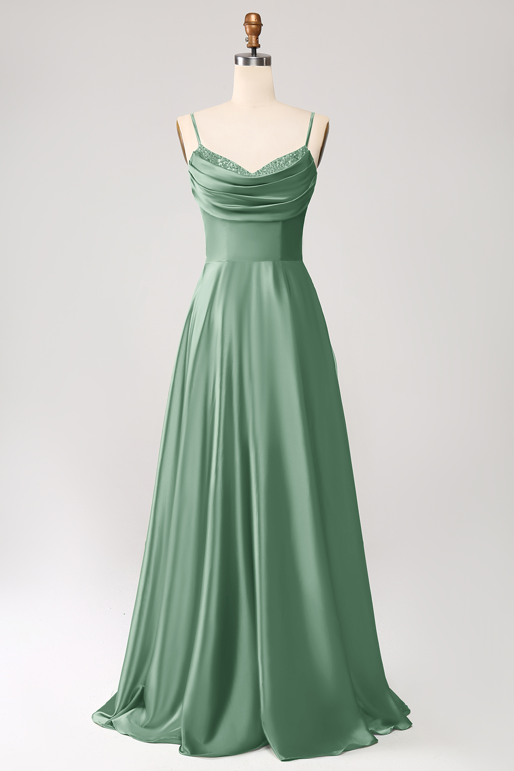Green A Line Cowl Neck Prom Dress with Sequins