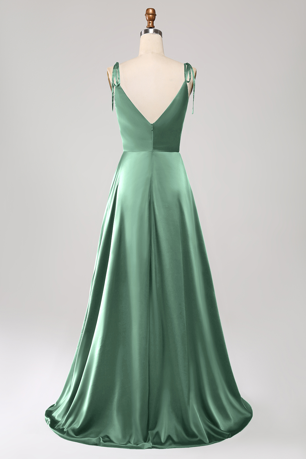 A-Line Dark Green Spaghetti Straps Satin Long Bridesmaid Dress With Slit