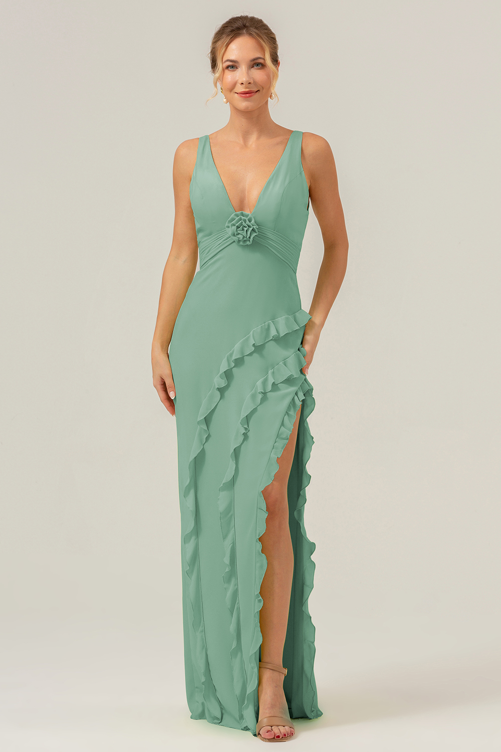 Lime V Neck Ruffled Sheath Bridesmaid Dress with Slit