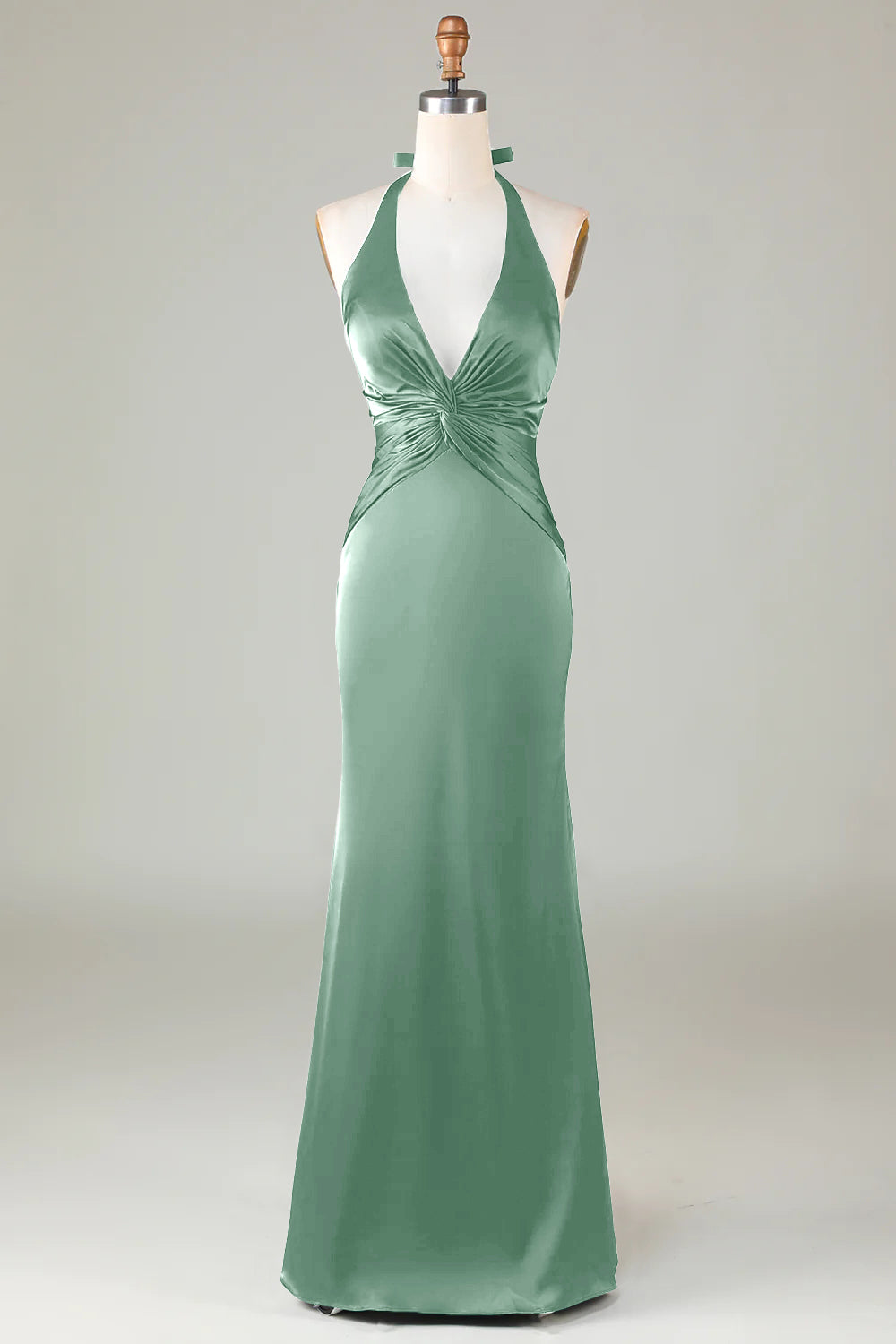 Halter Sheath Dusty Sage Satin Front Twist Bridesmaid Dress