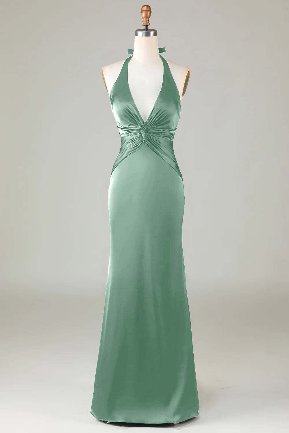Halter Sheath Dusty Sage Satin Front Twist Bridesmaid Dress