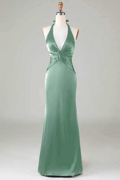 Halter Sheath Dusty Sage Satin Front Twist Bridesmaid Dress