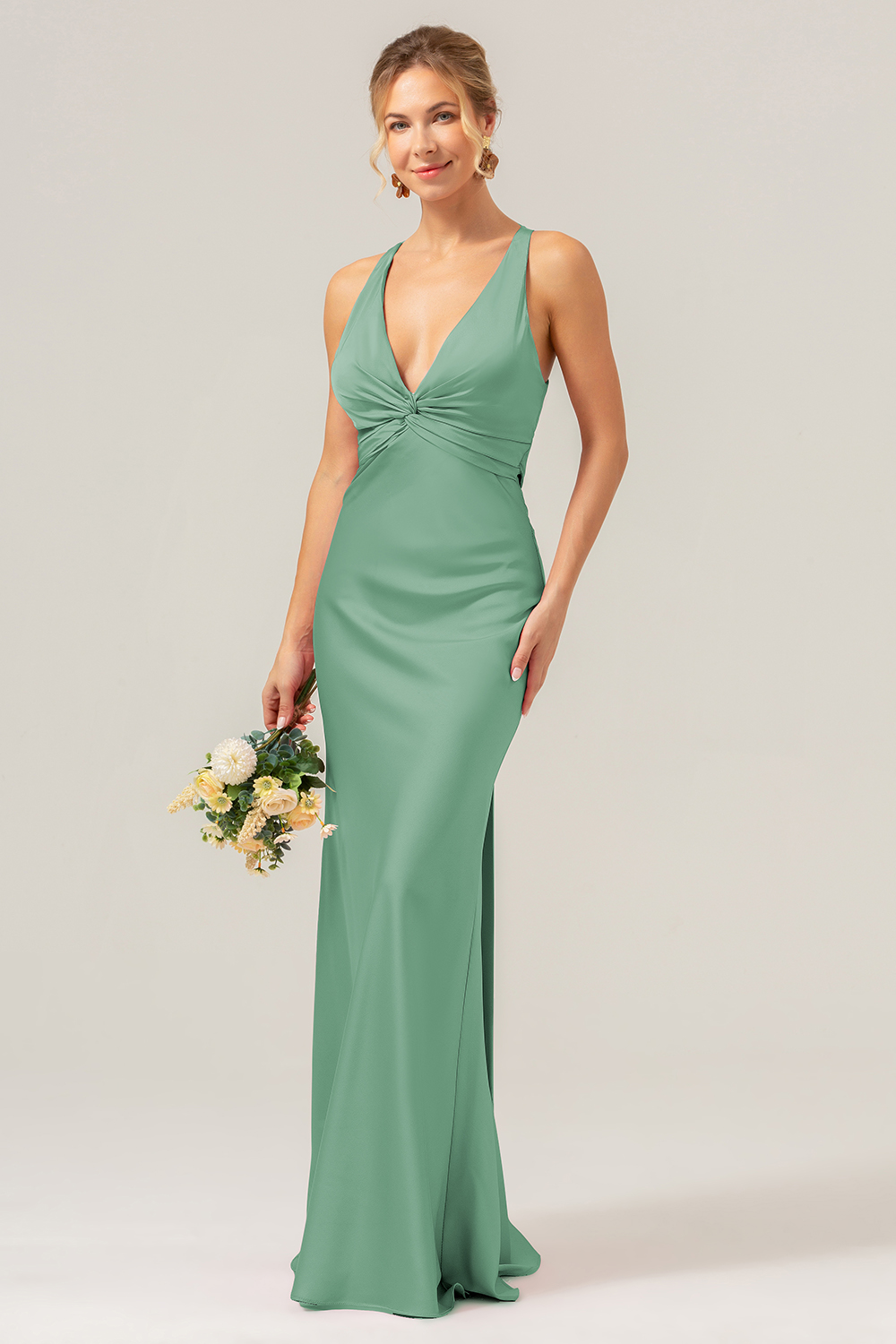 Pink Front Twist Mermaid V Neck Satin Bridesmaid Dress