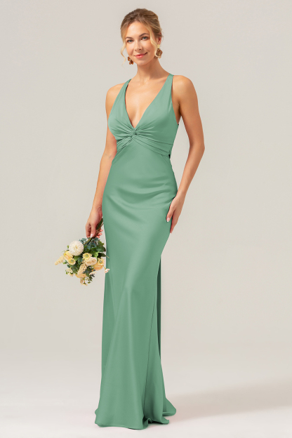 Pink Front Twist Mermaid V Neck Satin Bridesmaid Dress