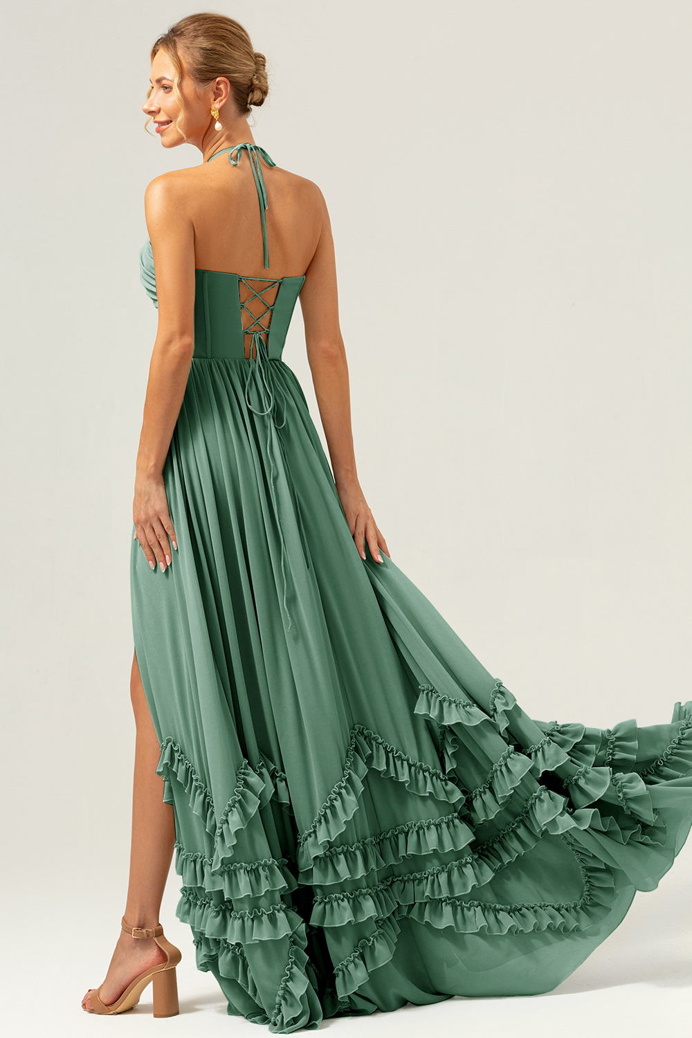 Dusty Sage Halter Corset Ruffled Chiffon Bridesmaid Dress with Slit