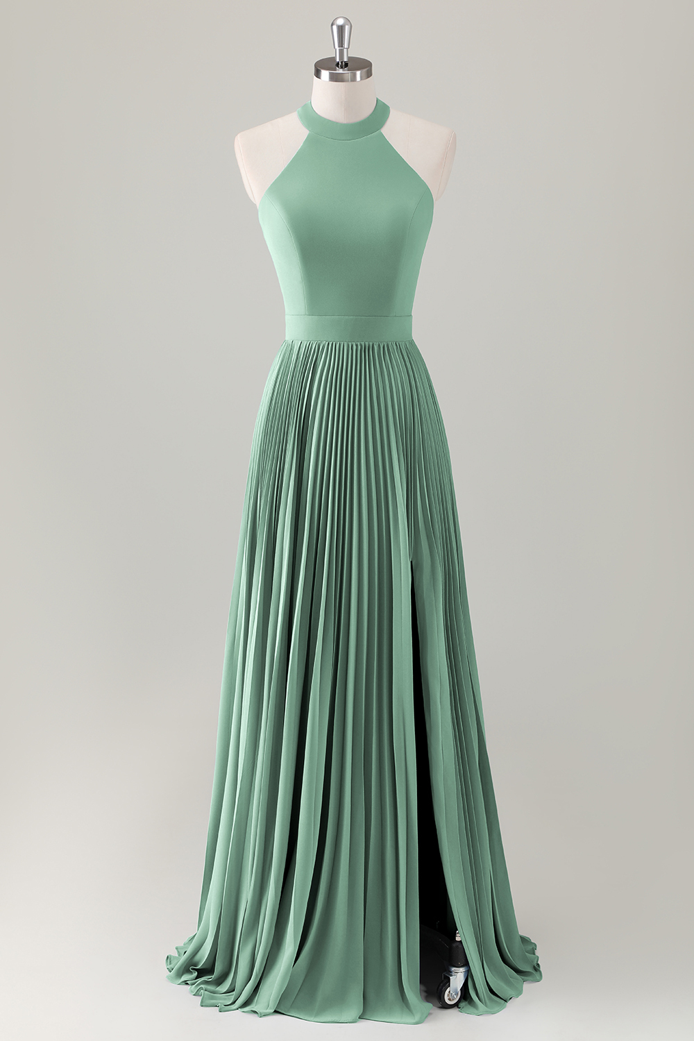 Grey Blue A-Line Halter Long Bridesmaid Dress with Slit