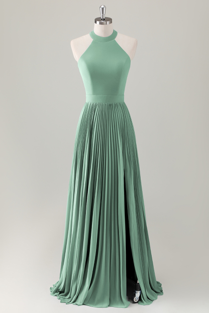 Grey Blue A-Line Halter Long Bridesmaid Dress with Slit