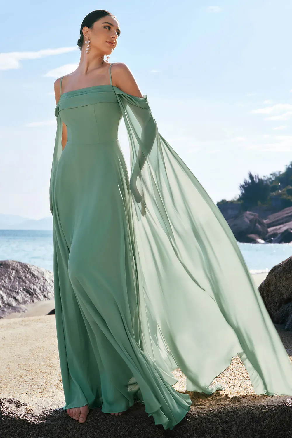Light Green Cold Shoulder A-Line Chiffon Watteau Train Bridesmaid Dress