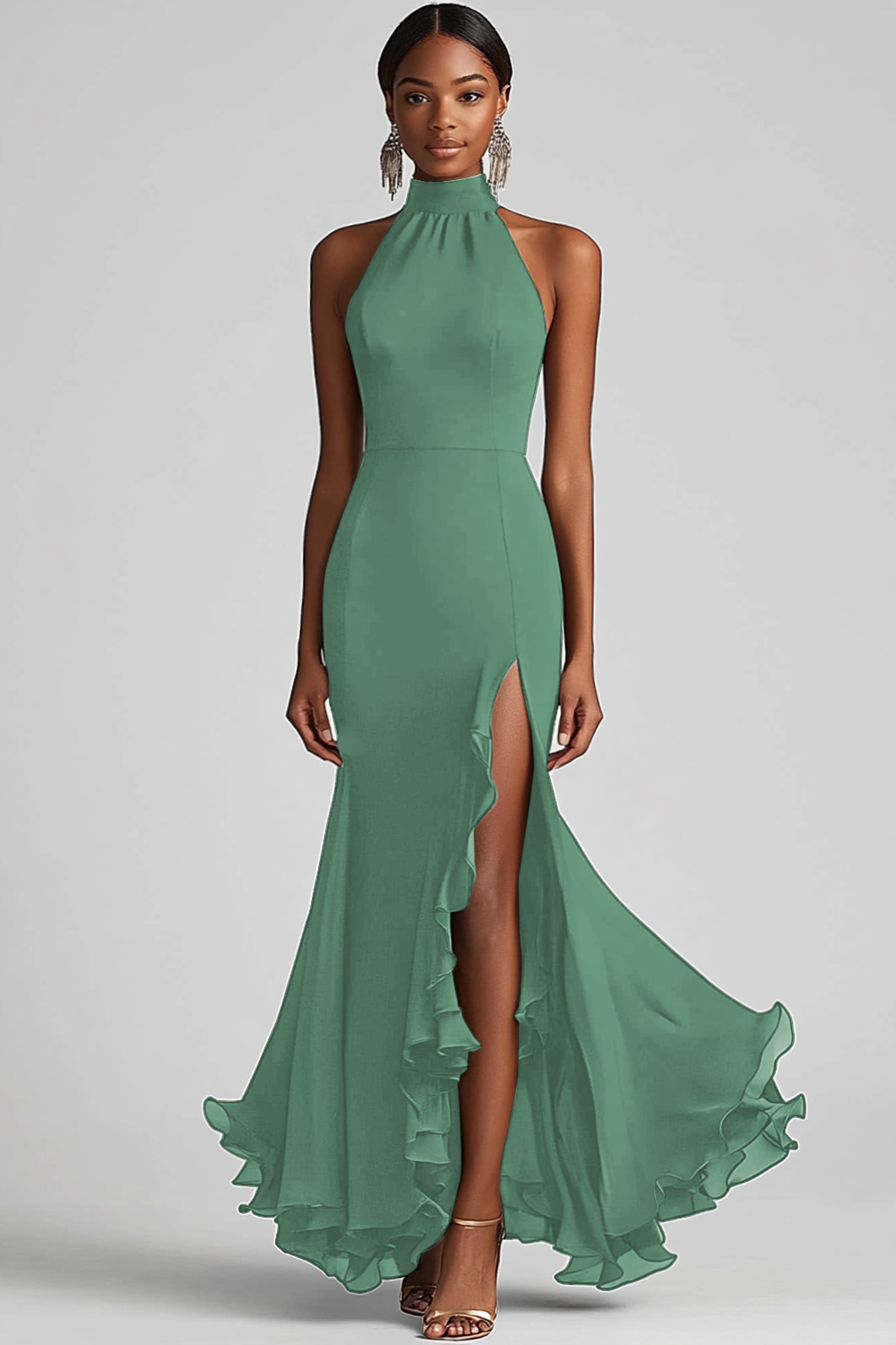 Black Halter Sheath Ruffled Formal Dress with Slit