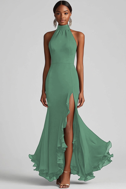 Black Halter Sheath Ruffled Formal Dress with Slit