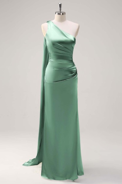 Sage One Shoulder Sheath Satin Watteau Train Bridesmaid Dress