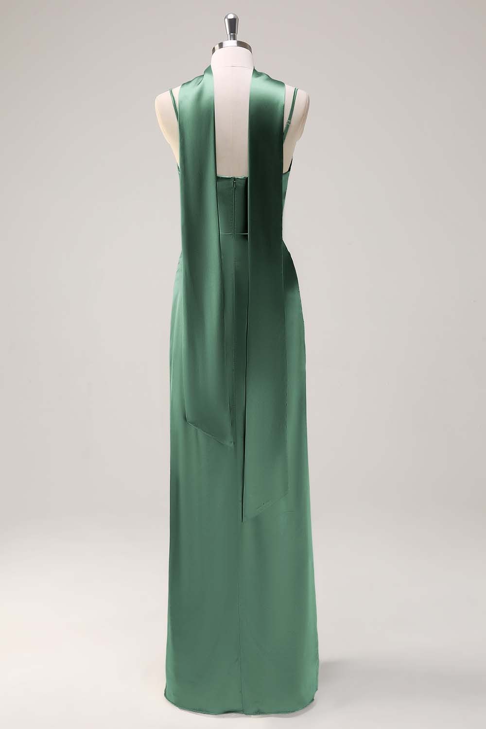 Sage Scoop Neck Sheath Satin Bridesmaid Dress with Ribbon