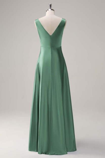 Simple Sky Blue V-Neck Satin A-Line Bridesmaid Dress