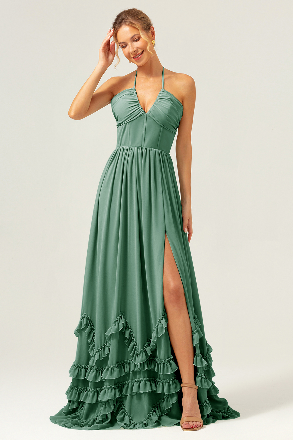 Dusty Sage Halter Corset Ruffled Chiffon Bridesmaid Dress with Slit