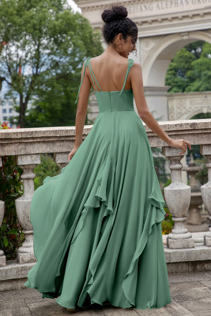 Matcha Corset A-Line Chiffon Bridesmaid Dress with Lace Up