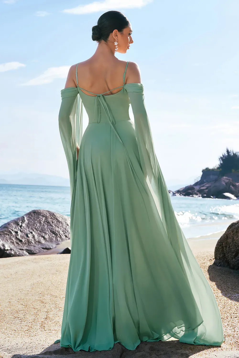 Light Green Cold Shoulder A-Line Chiffon Watteau Train Bridesmaid Dress