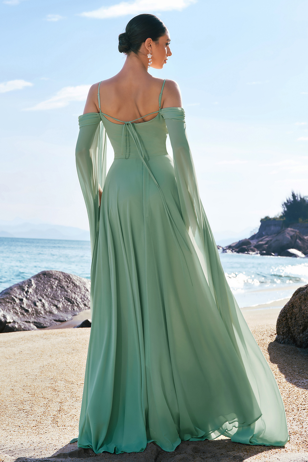 Light Green Chiffon Cold Shoulder Watteau Train Bridesmaid Dress