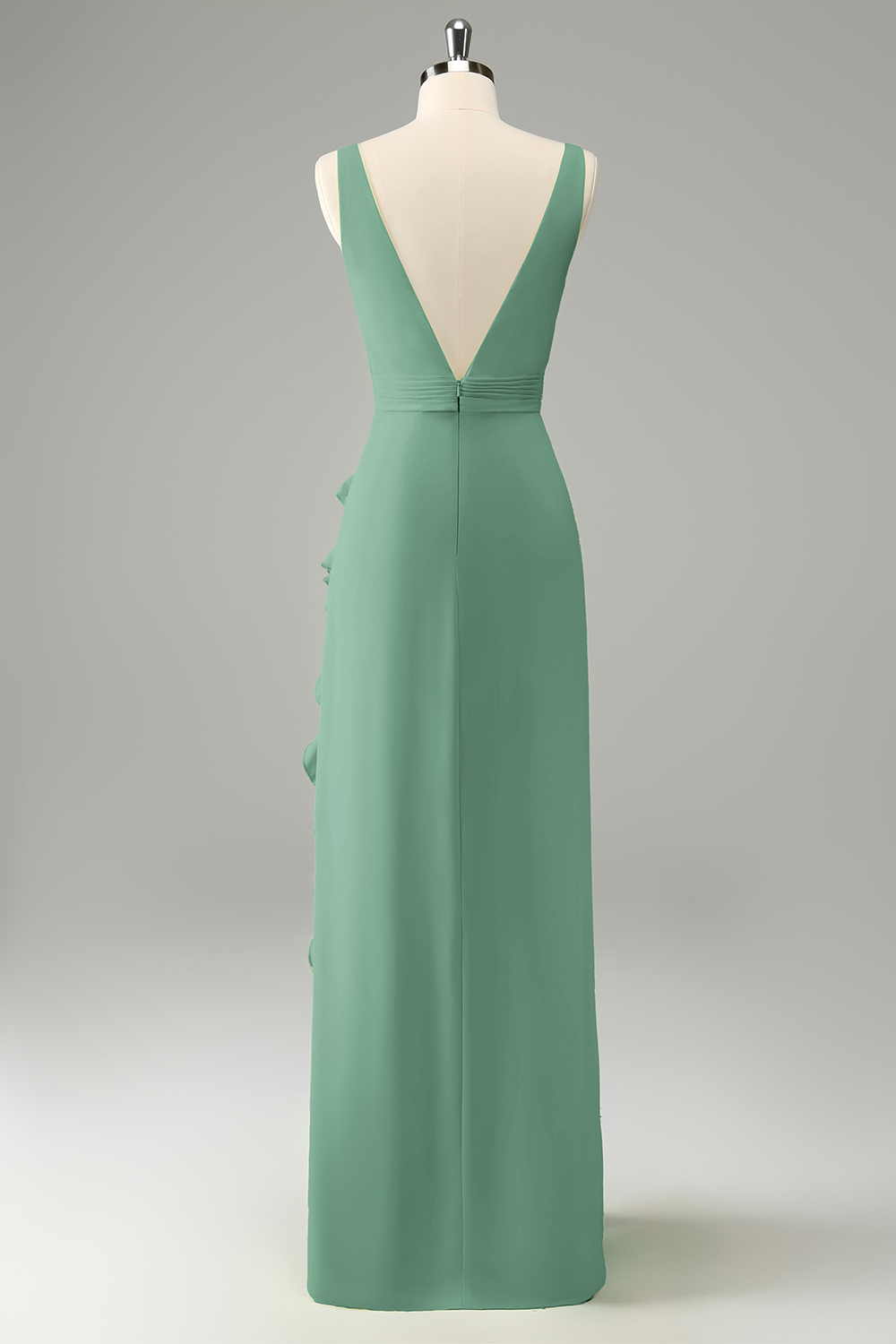 Lime Deep V Neck Ruffles Wedding Guest Dress with Slit