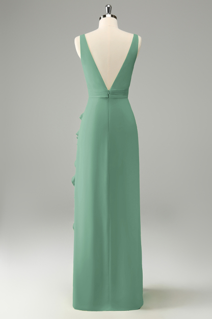 Lime Deep V Neck Ruffles Wedding Guest Dress with Slit