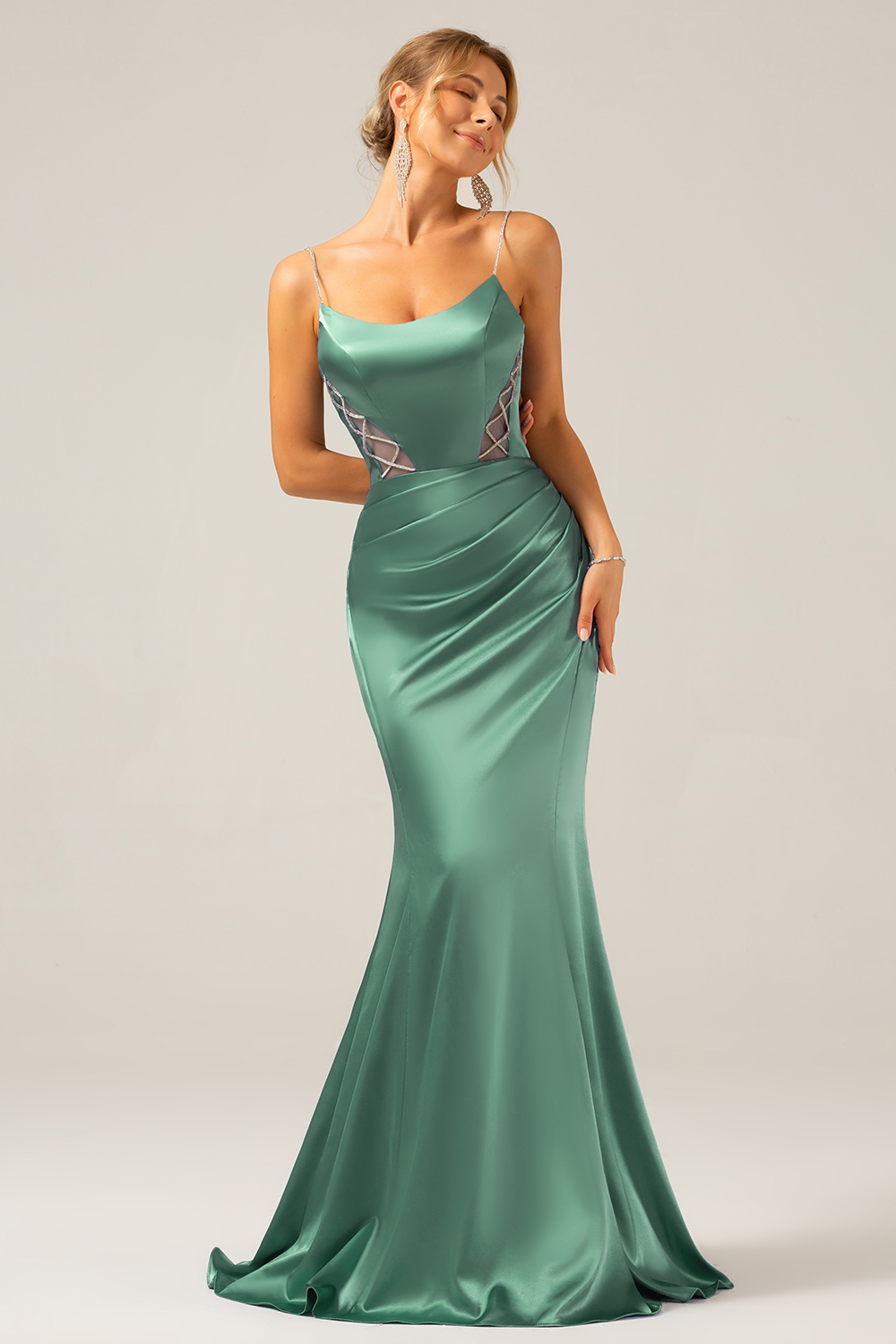 Grey Blue Mermaid Satin Spaghetti Straps Long Bridesmaid Dress
