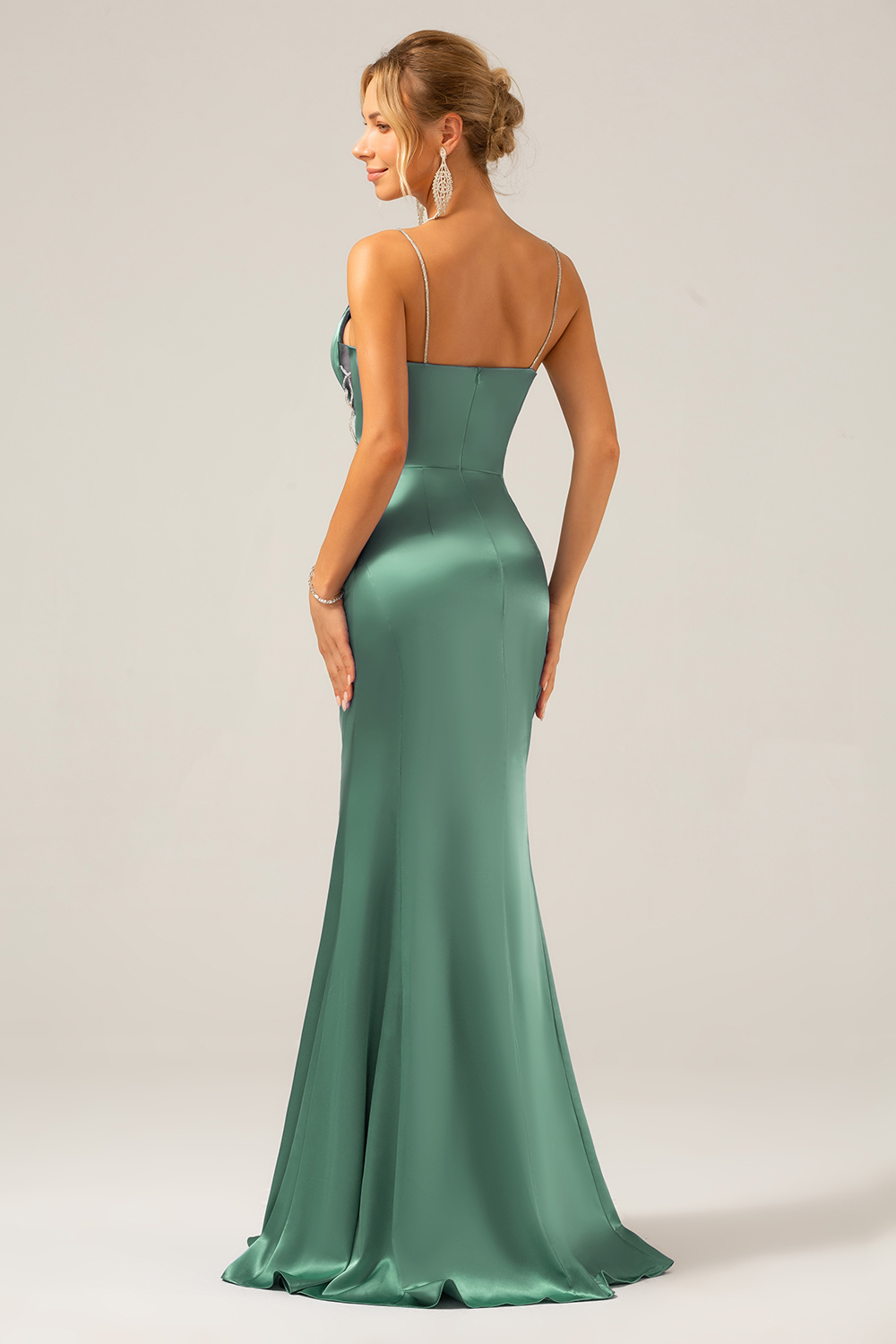 Grey Blue Mermaid Satin Spaghetti Straps Long Bridesmaid Dress