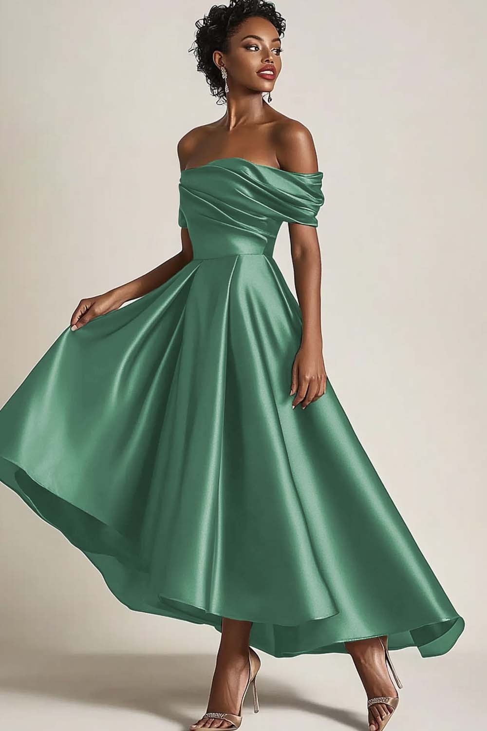 Leely Women Off the Shoulder Satin Olive A-Line Mother of the Bride Dress Pleated Tea Length Formal Dress