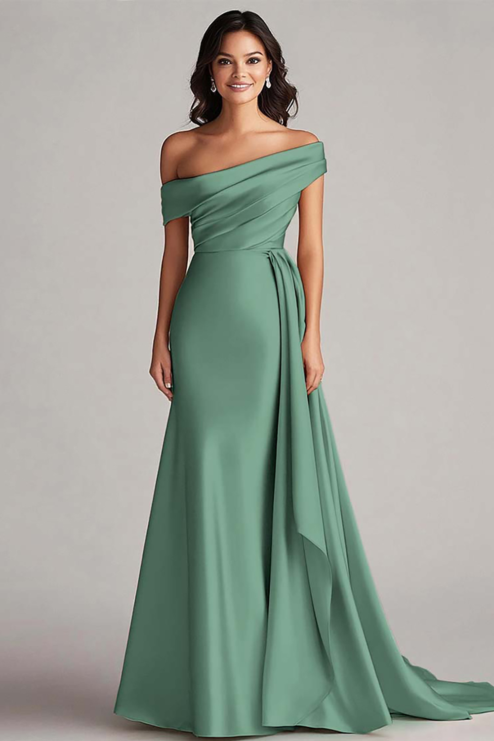 Champagne Satin Mermaid Sweep Train Formal Dress with Side Cape