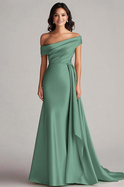 Champagne Satin Mermaid Sweep Train Formal Dress with Side Cape