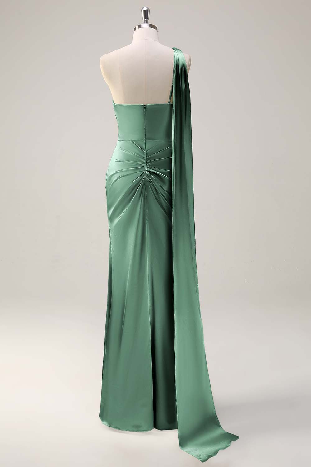 Sage One Shoulder Sheath Satin Watteau Train Bridesmaid Dress