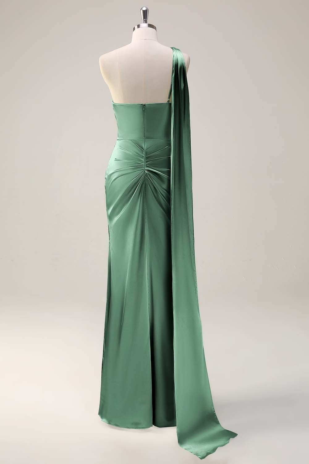Sage One Shoulder Sheath Satin Watteau Train Bridesmaid Dress