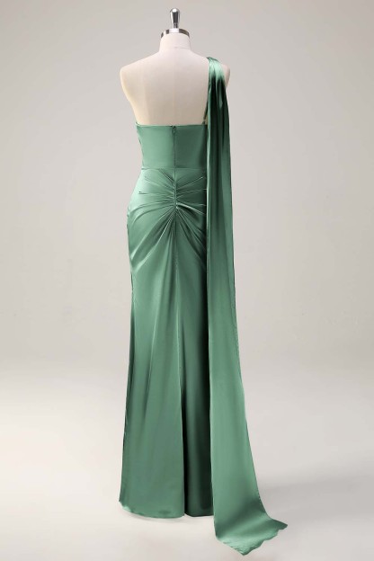 Sage One Shoulder Sheath Satin Watteau Train Bridesmaid Dress