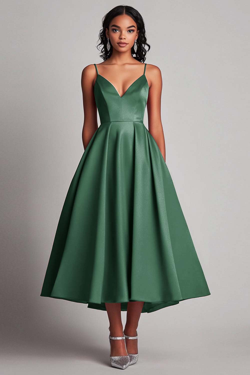 Red Satin A-Line Spaghetti Straps Tea Length Formal Dress