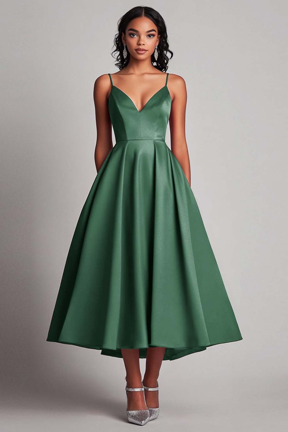 Red Satin A-Line Spaghetti Straps Tea Length Formal Dress