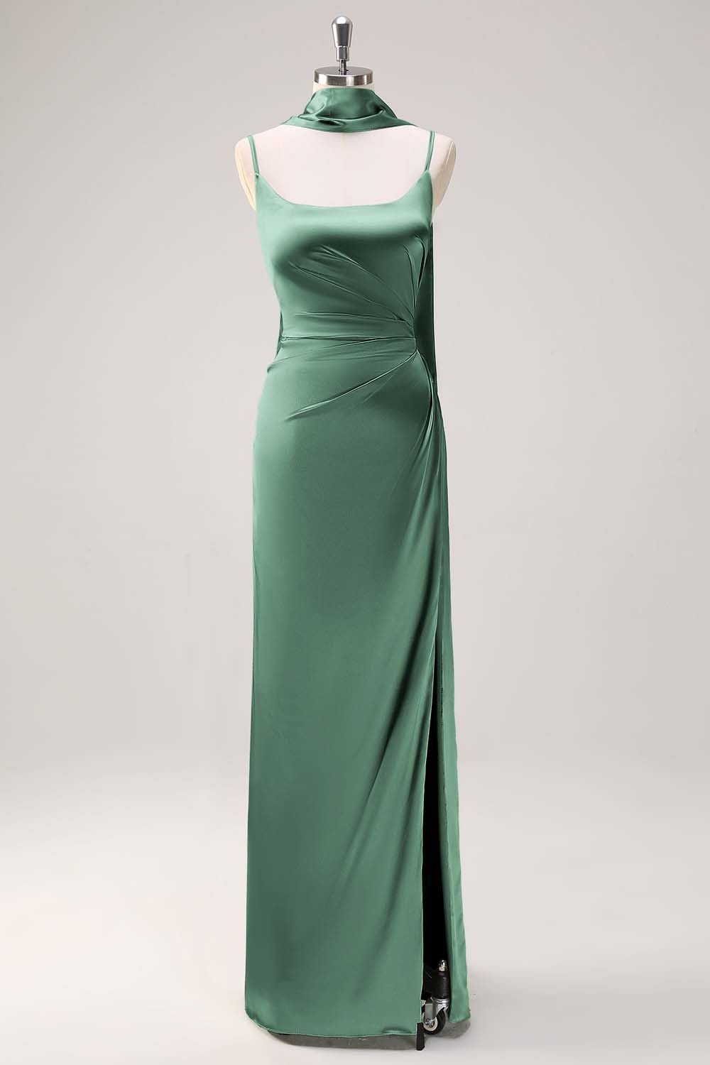 Sage Scoop Neck Sheath Satin Bridesmaid Dress with Ribbon