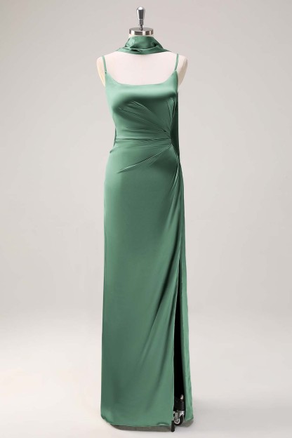 Sage Scoop Neck Sheath Satin Bridesmaid Dress with Ribbon