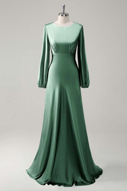 Sage Long Sleeves Satin A-Line Bridesmaid Dress