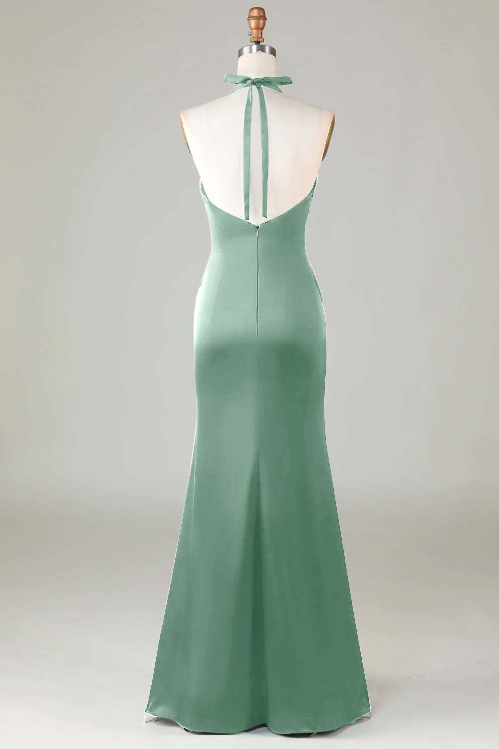 Halter Sheath Dusty Sage Satin Front Twist Bridesmaid Dress
