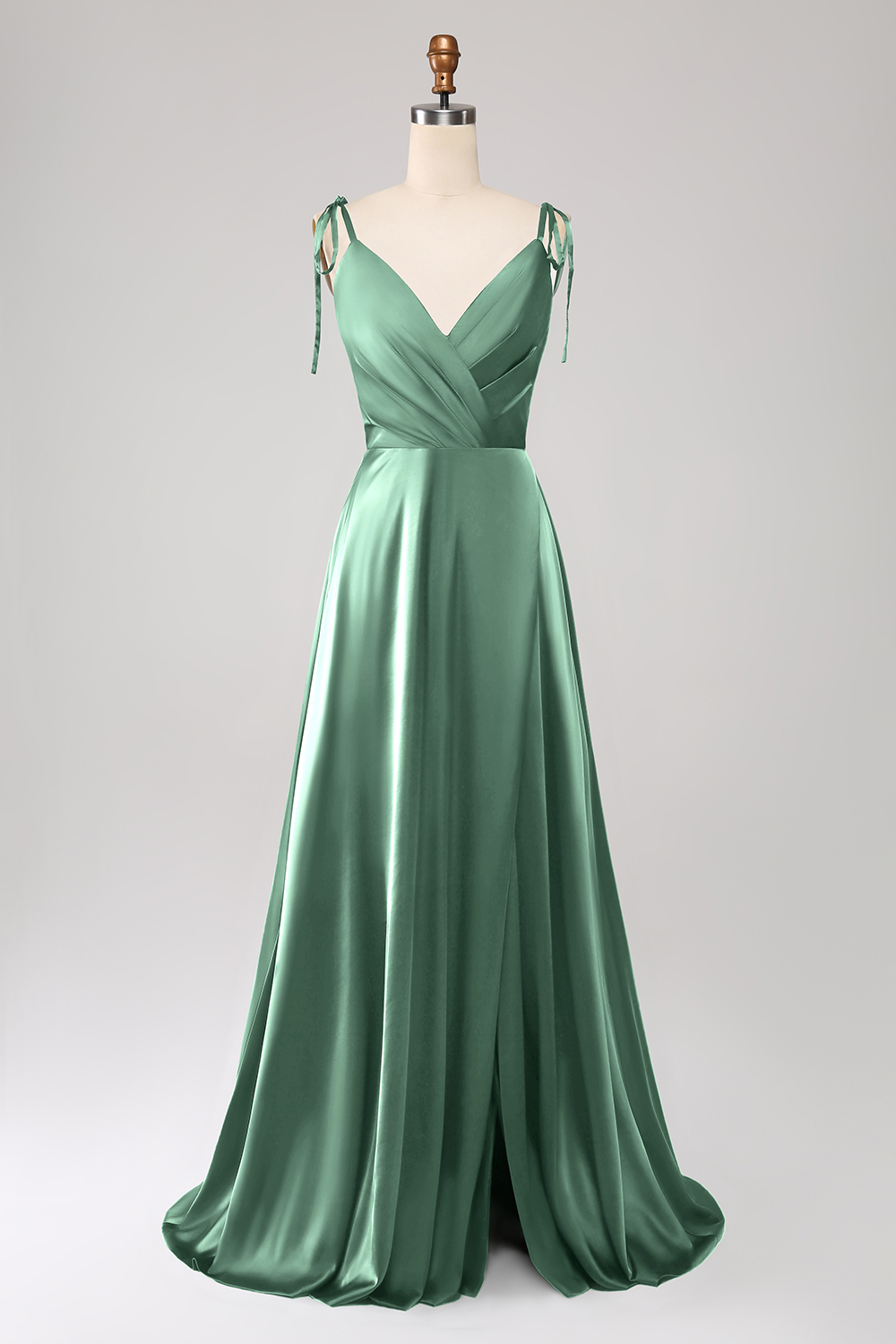 A-Line Dark Green Spaghetti Straps Satin Long Bridesmaid Dress With Slit