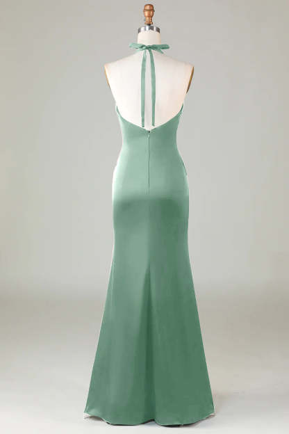 Halter Sheath Dusty Sage Satin Front Twist Bridesmaid Dress