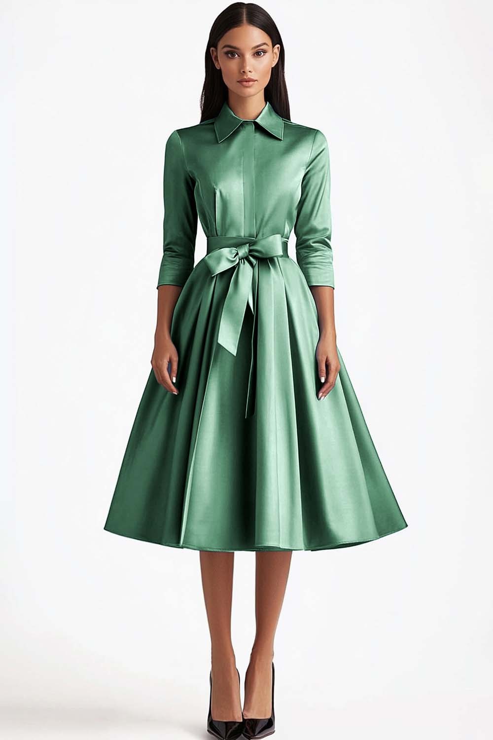 Blue 3/4 Sleeves A-Line Formal Dress with Sash