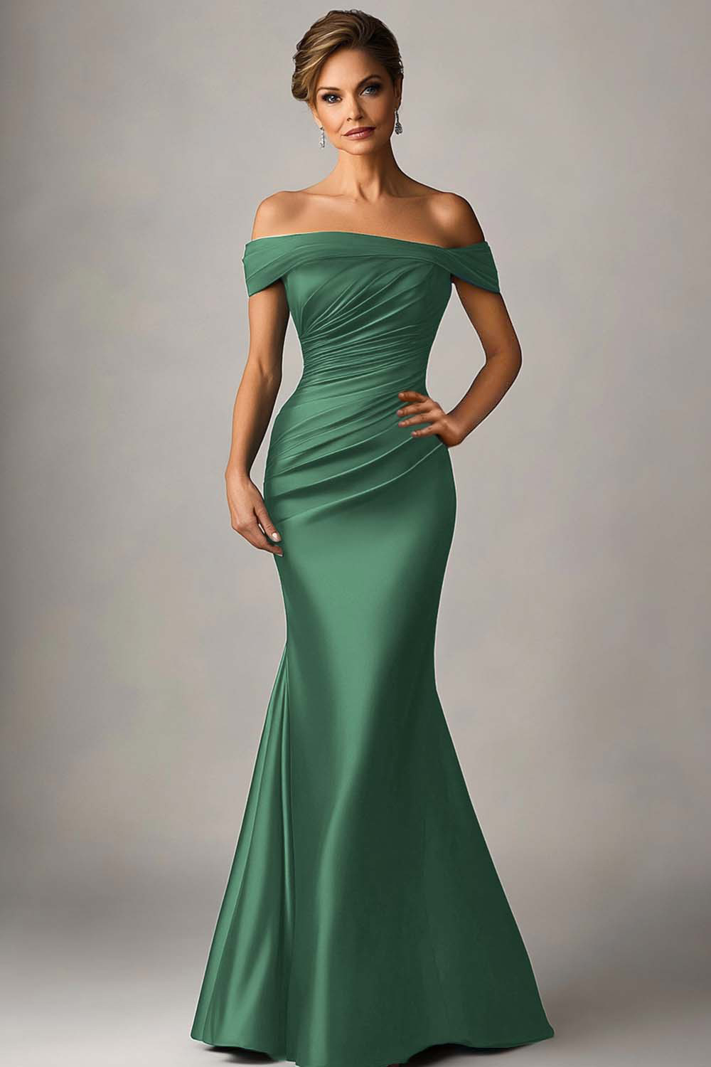 Peacock Blue Off the Shoulder Mermaid Satin Ruched Formal Dress