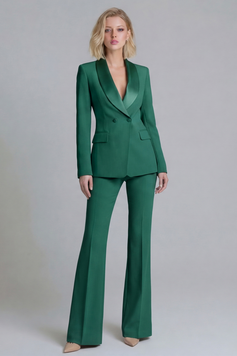 2 Piece Shawl Lapel Grey Green Double Breasted Business Suits