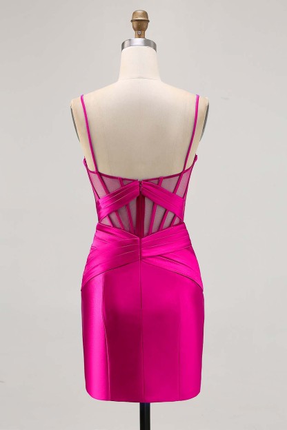 Satin Tight Royal Blue Ruched Corset Short Homecoming Dress with Slit